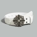 Cintura punk in pelle bianca con fibbia a croce vintage e goffratura floreale gotica - Stile Goffrato con Bottone a Croce (Bianco)