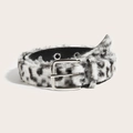 Close-up of leopard print plush belt with silver metal buckle and reinforced eyelets - Leopard Plush Belt (1687) / White