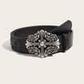Dettaglio della fibbia gotica a croce e motivo a rilievo su cintura punk nera - Stile con Fibbia a Croce Gotica Svuotata (Nero)