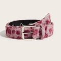 Pink leopard print faux fur belt with silver metal buckle and classic needle pin closure - Leopard Plush Belt (1687) / Pink