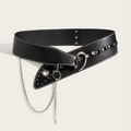 Detail of black punk leather corset belt with silver eyelets, chain and crescent buckle - Hook Individual Style White Edge Black (1703)