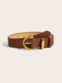 Close-up of dark brown suede leather belt with vintage gold horseshoe buckle and fine stitching - Camel