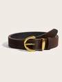 Detail of dark brown suede belt with vintage gold semi-circle buckle and metal loop - Coffee