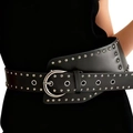 Fashionable black leather wide waist belt with silver metal studs and a round buckle - Black Studded Wide Style (1711)