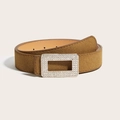 Brown suede belt with sparkly rhinestone buckle for women accessories and dresses - Frosted Gold Square Rhinestone Buckle Style (1717) / Earthy Yellow