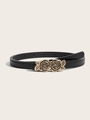Détail de ceinture fine en cuir noir avec deux boucles roses dorées en relief chic - Noir Boucle Rose