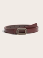 Close-up of wine red slim leather belt with vintage gold rectangular buckle and fine stitching - Wine Red Square Buckle