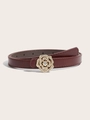 Detail of red slim leather belt with a golden rose-shaped buckle set with rhinestones - Wine Red Flower Buckle With Rhinestone