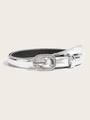 Detail of silver crocodile-embossed belt with crystal-studded oval buckle - Silver