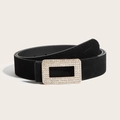 Vintage black matte suede belt for women with elegant crystal encrusted buckle detail - Frosted Gold Square Rhinestone Buckle Style (1717) / Black