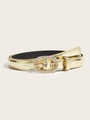 Detail of gold faux crocodile texture belt with sparkling rhinestone oval buckle - Gold