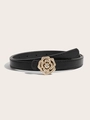 Close-up of black leather belt with golden camellia flower buckle and rhinestones - Black Camellia Buckle With Rhinestone