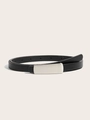 Close-up of minimalist black leather belt with a brushed silver metal rectangular buckle - Black Rectangular Brushed Buckle