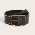 Cinturón ancho de cuero negro estilo punk con tachuelas doradas y hebilla metálica grande - Negro