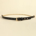 Women's black punk leather belt featuring golden metal chain and adjustable pin buckle - 19588 Black