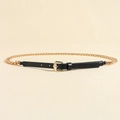 Detail of a thin black leather belt with gold metal chain links and a gold pin buckle - 19702 Black