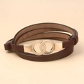 Minimalist dark brown leather multi-wrap belt for dresses with golden double ring buckle - 110cm / Brown
