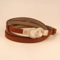 Women's thin brown leather belt with elegant gold double-ring buckle for dresses - 110cm / Light Coffee