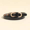 Sottile cintura in pelle nera con fibbia ovale intrecciata minimalista in oro opaco - Nero