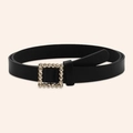 Close-up of black faux leather belt with a square gold buckle encrusted with crystals - Square Rhinestone Buckle (19079 Black) / Black