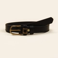 Detail of classic black faux leather belt with golden horseshoe buckle and D-ring ornament - Gold Horseshoe Buckle (19081 Black) / Black