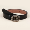 Cinturón chic de cuero negro para mujer con hebilla dorada de doble aro y cristales negros - 110cm / Negro (19087)