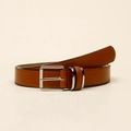 Detail view of brown leather belt with polished silver square buckle and black edge finish - 105cm / Camel