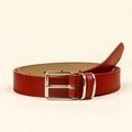 Detail of red leather belt featuring a polished silver buckle and precise stitching - 105cm / Red