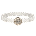 Elegant elastic pearl waist belt with a sparkling rhinestone flower buckle for women - Round Rhinestone Inlaid