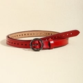 Women's slim red leather belt with black round buckle and vintage perforated design - Red Round Buckle (HYP19015) / 113cmx1.7cm