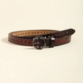 Women's slim vintage genuine leather belt in deep red-brown with round buckle - Light Coffee Round Buckle (HYP19015) / 113cmx1.7cm