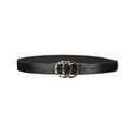 Women's black faux crocodile leather belt with golden double O-ring metal buckle - Black Crocodile Pattern Style (19027)