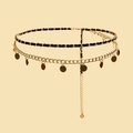 Ceinture chaîne double couche en or avec cuir noir et breloques de pièces rondes - Pendentif à paillettes