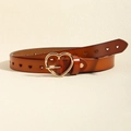 Retro brown leather belt for women featuring a large golden heart buckle and heart cutouts - Camel Heart Buckle (HYP19016) / 115cmx2.0cm