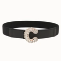 Elastic black waist belt for women with sparkling rhinestone C-letter buckle and gold metal - Letter C-Shaped Rhinestone Style (19123) / Black / 60-80cm