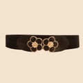 Large ceinture élastique noire pour femme avec boucle fleur rose dorée pour robes - Boucle Double Fleur (19182) / Noir (Modèle 19182)