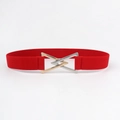Red elastic waist belt for women with gold and silver interlocking geometric buckle - Red / 60-80cm