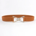 Elastic waist belt for women in caramel brown with dual-tone metal triangle buckle - Camel / 60-80cm
