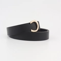 Close-up of black lychee texture leather belt with a polished gold C-shaped metal buckle - Black 2.8cm