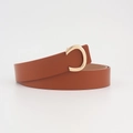 Close-up of brown leather belt featuring a polished gold C-shape buckle detail - Camel 2.8cm