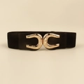Detail of elastic black waist belt featuring a textured interlocking gold double ring buckle - Black / 60-80cm