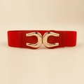 Detailed macro view of the golden horseshoe buckle with embossed textures on red belt - Red / 60-80cm