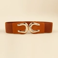 Close-up of brown elastic wide waist belt with decorative gold interlocking metal buckle - Camel / 60-80cm