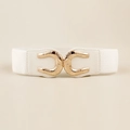 Close-up of white elastic waist belt featuring textured gold horse-shoe metal buckle - White / 60-80cm