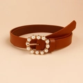 Women's brown leather fashion belt featuring elegant pearl-encrusted oval gold buckle - Wider Round Pearl Buckle Style (HYP19221) / Camel