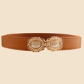 Ceinture large élastique marron pour femme avec boucle dorée embossée vintage - Boucle Relief Pierre Oeil de Chat (19185) / Camel (Modèle 19185)