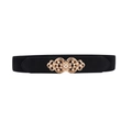 Women's black elastic wide belt with ornate gold flower buckle and pearl accents - Pearl Hollow Floral Interlocking Style (19144) / Black / 60-80cm