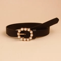 Cinturón de cuero negro para mujer con hebilla dorada redonda y detalles de perlas - Estilo Hebilla Redonda con Perlas Ancha (HYP19221) / Negro