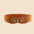 Women elastic waist belt in camel brown with vintage gold-rimmed floral buckle - Double Flower Buckle Style (19182) / Camel / 60-80cm