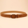 Brown vintage faux suede belt with white stitching and oval metal buckle for men and women - Coffee